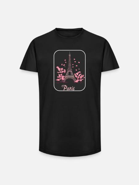 Fleur rose Eiffel à Paris - T-shirt coupe longue homme - noir