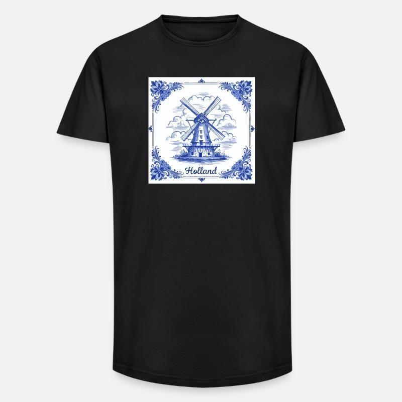 Delfter blauer Windmühlenkachel - Long Fit Männer T-Shirt - Schwarz