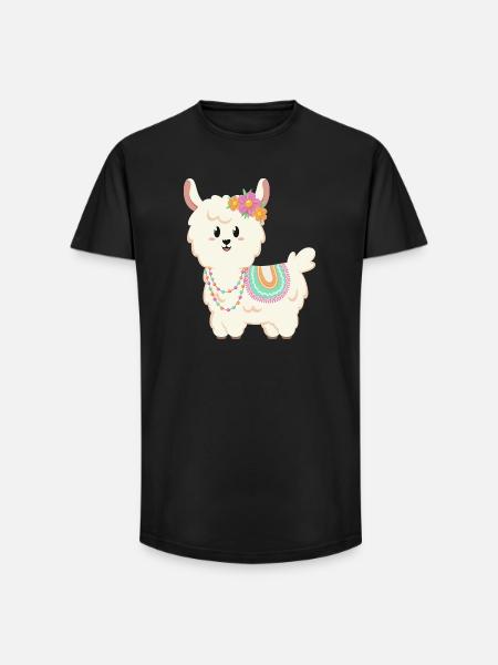 Summer, sun, llama with flowers - Long Fit Men's T-Shirt - black