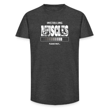 Installing Muscles – Funny Gym Workout - Long Fit Men's T-Shirt - charcoal grey - Front - AI Model Male 185 light (185cm)