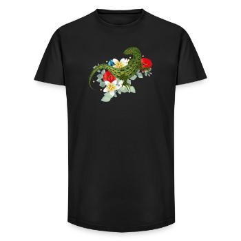 Lézard vert sur fleurs motif botanique - T-shirt coupe longue homme - noir - Devant - AI Model Male 185 light (185cm)