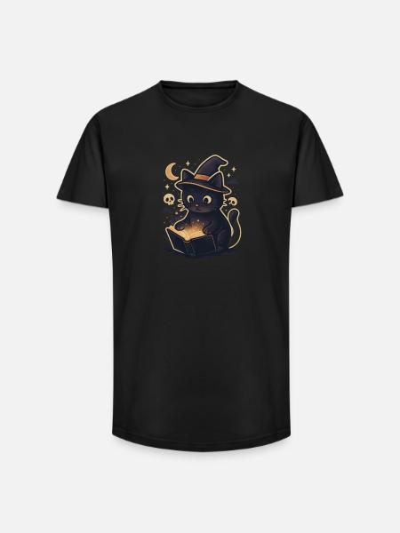 Haunted cat reads magic book - Long Fit Men's T-Shirt - black