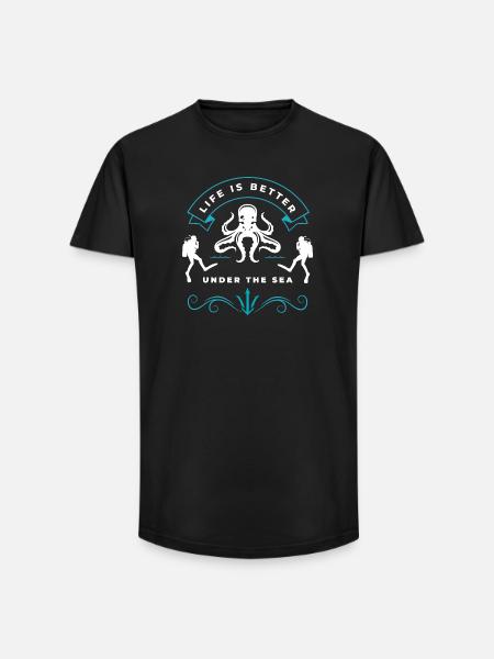 Underwater life with octopus and diver - Long Fit Men's T-Shirt - black