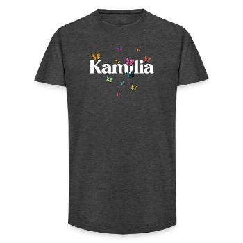 Beau prénom de fille avec des papillons KAMILIA - T-shirt coupe longue homme - charbon - Devant - AI Model Male 185 light (185cm)