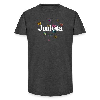 Beau prénom de fille avec des papillons JULIETA - T-shirt coupe longue homme - charbon - Devant - AI Model Male 185 light (185cm)