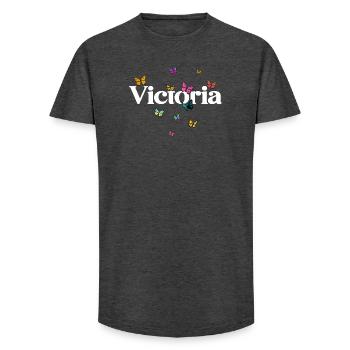 Beau prénom de fille avec des papillons VICTORIA - T-shirt coupe longue homme - charbon - Devant - AI Model Male 185 light (185cm)