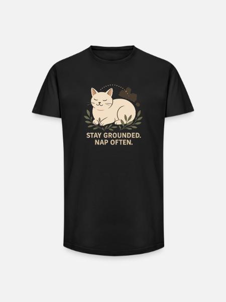 Stay Grounded. Sleep Often. Cat Illustration - Long Fit Men's T-Shirt - black