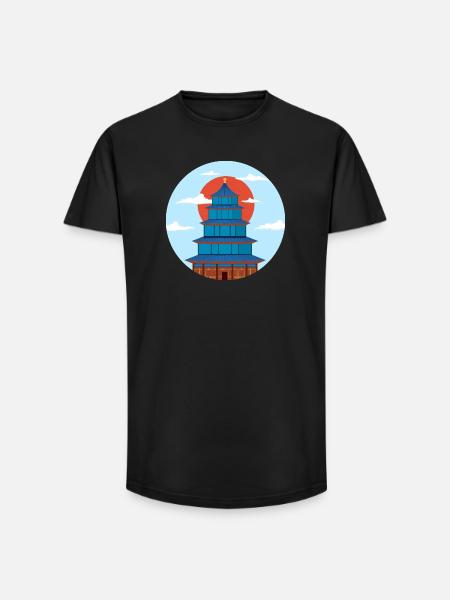 Traditional Blue and Orange Pagoda - Long Fit Men's T-Shirt - black