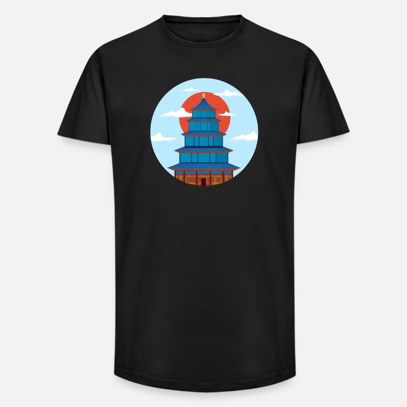 Pagode Traditionnel Bleu et Orange - T-shirt coupe longue homme - noir