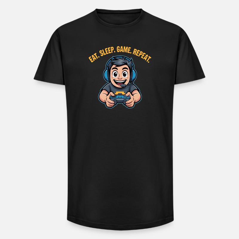 Eat Sleep Game Repeat Gaming Spruch - Long Fit Männer T-Shirt - Schwarz