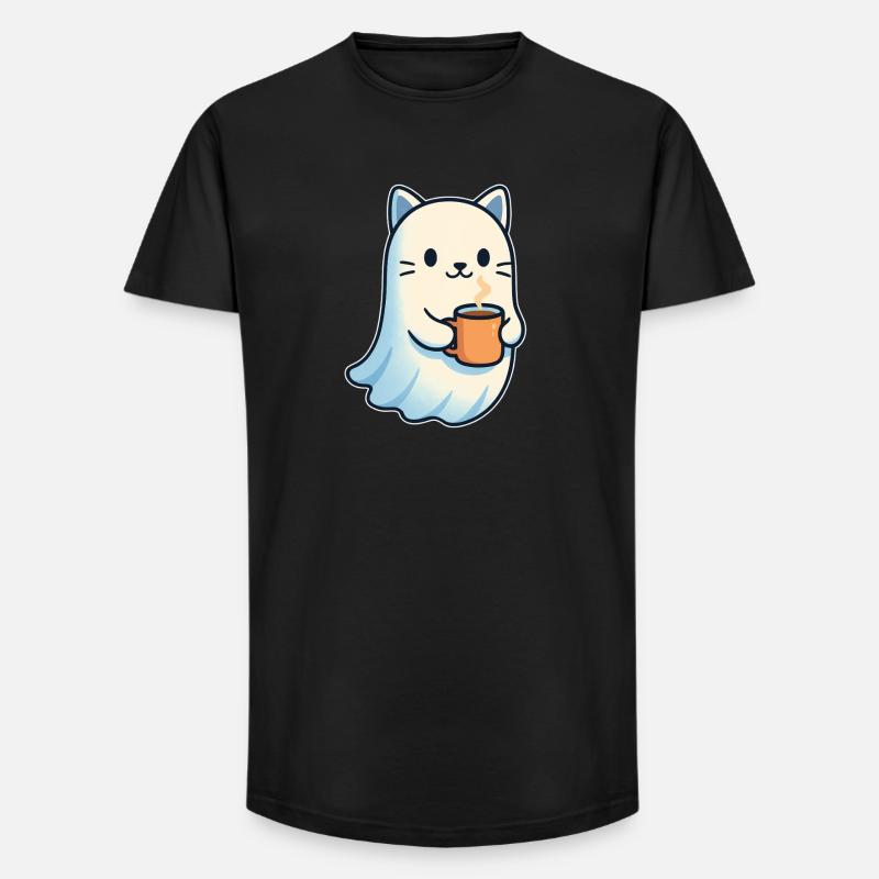 Coffee Ghost Cat with Mug - Long Fit Men's T-Shirt - black