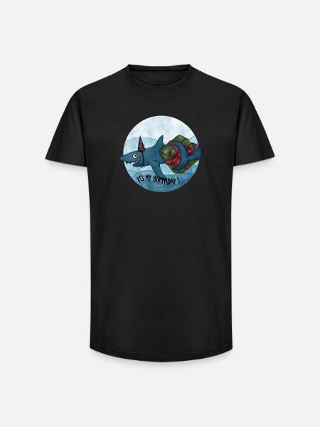 Requin d’anniversaire avec cadeau - T-shirt coupe longue homme - noir