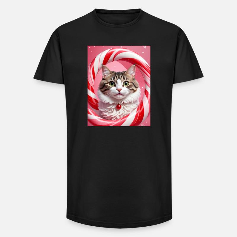 Weihnachtskatze im Süßigkeiten-Ring-Design - Long Fit Männer T-Shirt - Schwarz