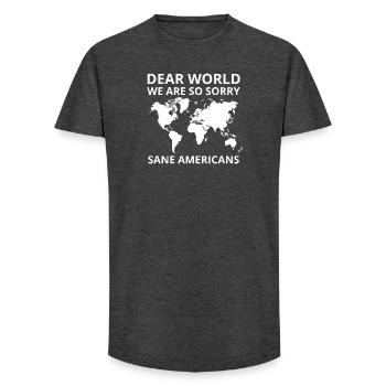 Dear World We Are So Sorry Protest Graphic - Long Fit Men's T-Shirt - charcoal grey - Front - AI Model Male 185 light (185cm)
