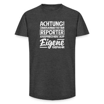 Attention : Reporter surmené, Journaliste - T-shirt coupe longue homme - charbon - Devant - AI Model Male 185 light (185cm)