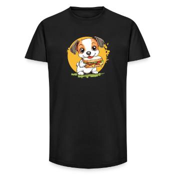 Petit chien dégustant un hamburger - T-shirt coupe longue homme - noir - Devant - AI Model Male 185 light (185cm)