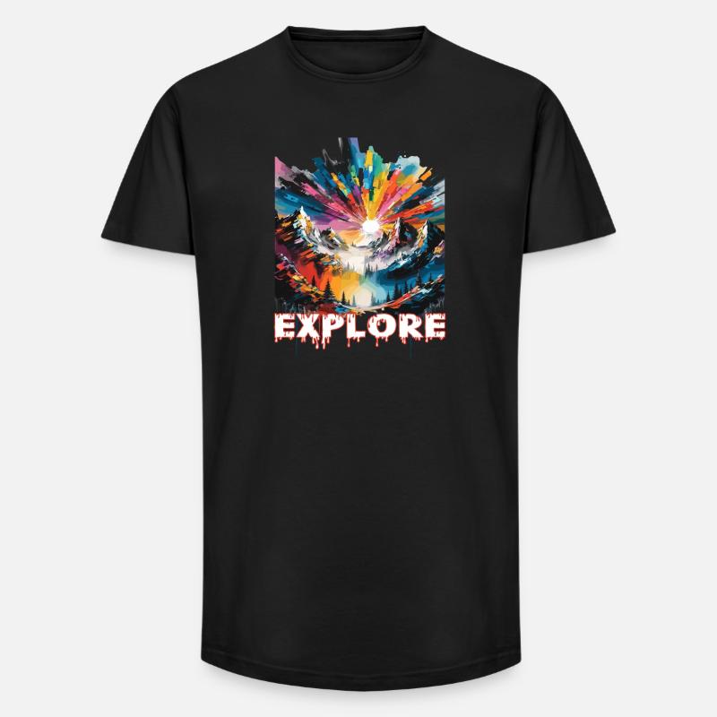 Farbintensive Landschaft mit 'Explore' Aufdruck - Long Fit Männer T-Shirt - Schwarz
