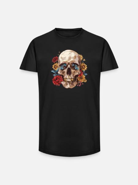Skull, skull with flowers - Long Fit Men's T-Shirt - black