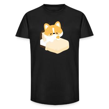 Corgi fatigué sur le lit - T-shirt coupe longue homme - noir - Devant - AI Model Male 185 light (185cm)