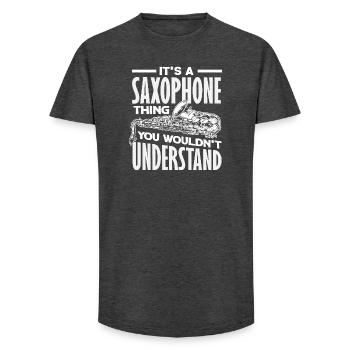 C’est une affaire de saxophone, c’est drôle. - T-shirt coupe longue homme - charbon - Devant - AI Model Male 185 light (185cm)