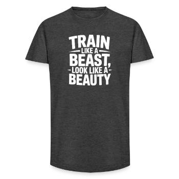 Entraînez-vous comme une bête, ressemblez à une beauté - T-shirt coupe longue homme - charbon - Devant - AI Model Male 185 light (185cm)
