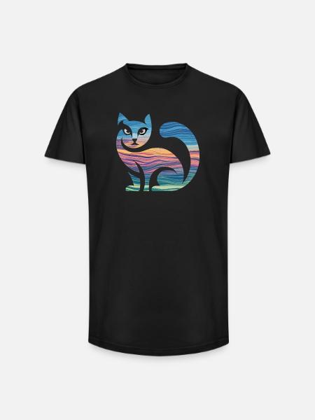 Farverig kattesilhuet med solnedgang og - Long fit herre T-shirt - sort