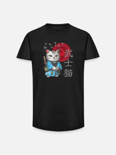 Cat Anime Japanese Samurai Kitten - Long Fit Men's T-Shirt - black