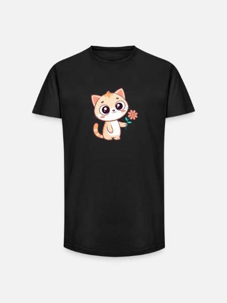 Kawaii-Katze und Pastellblume - Long Fit Männer T-Shirt - Schwarz