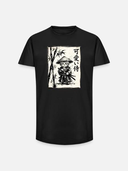 Samurai Cat Sumi-e Ink Drawing - Long Fit Men's T-Shirt - black