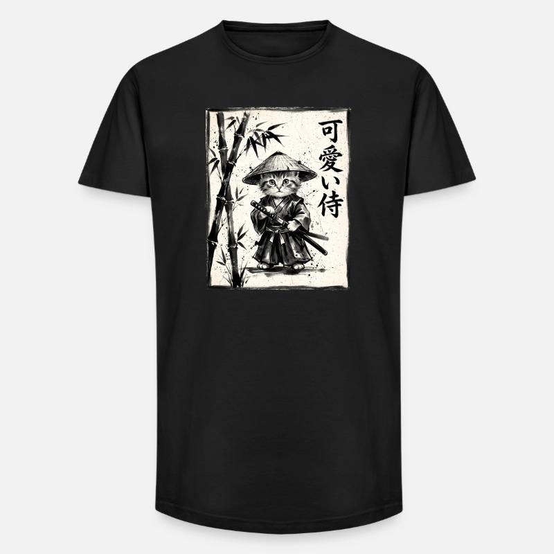 Samurai Cat Sumi-e Ink Drawing - Long Fit Men's T-Shirt - black