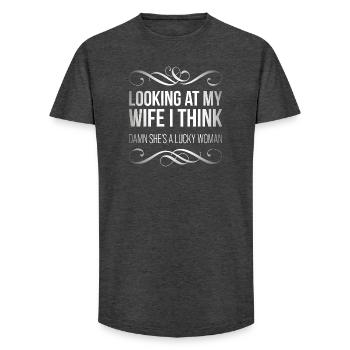 Looking at my wife I think, damn she's a lucky  - T-shirt coupe longue homme - charbon - Devant - AI Model Male 185 light (185cm)