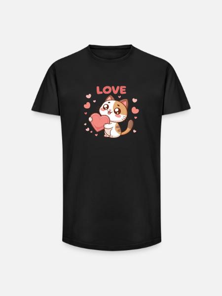 Kawaii-Katze trägt Liebesherz - Long Fit Männer T-Shirt - Schwarz