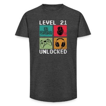 Gamer Level 21 Unlocked - Gaming - Long Fit Men's T-Shirt - charcoal grey - Front - AI Model Male 185 light (185cm)