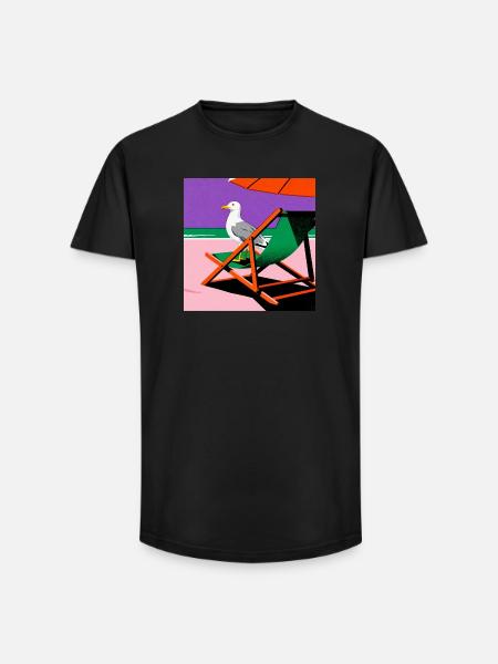 Bunter Strandstuhl und Möwe - Long Fit Männer T-Shirt - Schwarz
