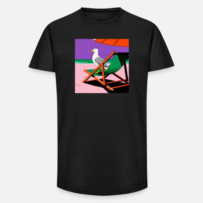 Bunter Strandstuhl und Möwe - Long Fit Männer T-Shirt - Schwarz
