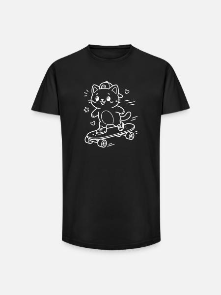 Skateboarding Kawaii Cat - Long fit herre T-shirt - sort