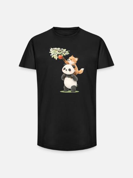 Panda und Fuchs mit Apfel Illustration - Long Fit Männer T-Shirt - Schwarz