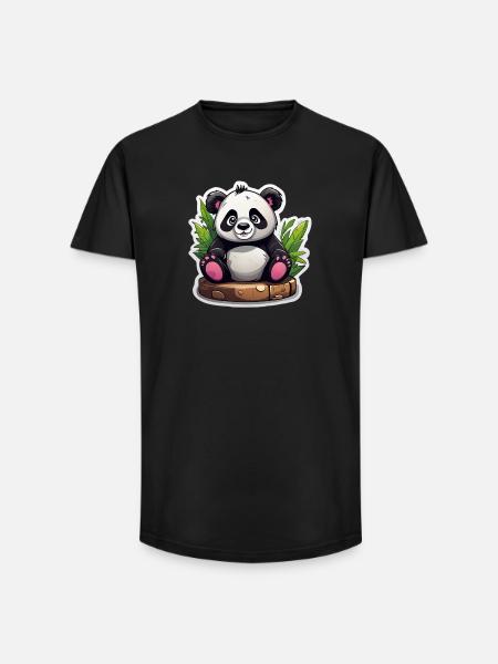 Cartoon Panda Sitting On Bamboo - Long Fit Men's T-Shirt - black