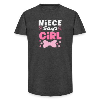 La nièce dit que la fille a révélé le sexe - T-shirt coupe longue homme - charbon - Devant - AI Model Male 185 light (185cm)