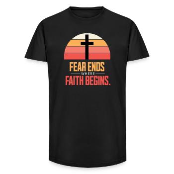 Fear Ends Where Faith Begins Retro Sonnenuntergang - Long Fit Männer T-Shirt - Schwarz - Vorne - AI Model Male 185 light (185cm)