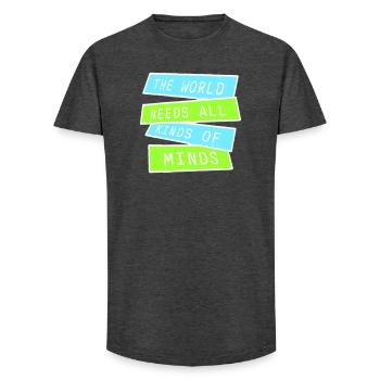 The World Needs All Kinds Of Minds Inspirational - Long Fit Men's T-Shirt - charcoal grey - Front - AI Model Male 185 light (185cm)