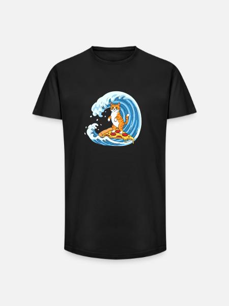 Surfer cat on pizza wave - Long Fit Men's T-Shirt - black