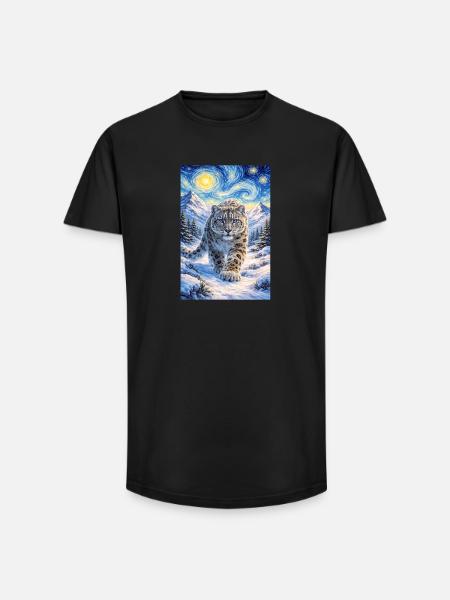 Schneeleopard im Sternenwald - Long Fit Männer T-Shirt - Schwarz