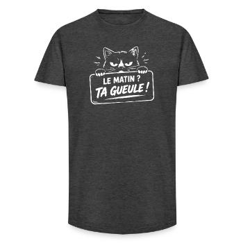 Le matin ? ta gueule ! humour chat café réveil - T-shirt coupe longue homme - charbon - Devant - AI Model Male 185 light (185cm)