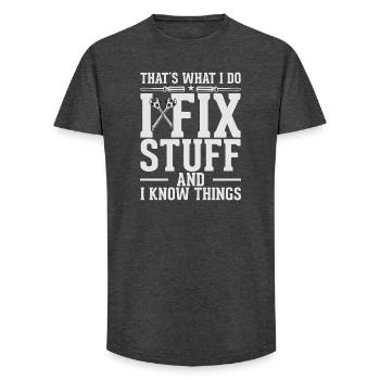 Fix Stuff and Know Things - Long Fit Men's T-Shirt - charcoal grey - Front - AI Model Male 185 light (185cm)