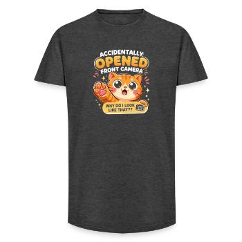 Accidentally opened front camera cat - Long Fit Men's T-Shirt - charcoal grey - Front - AI Model Male 185 light (185cm)