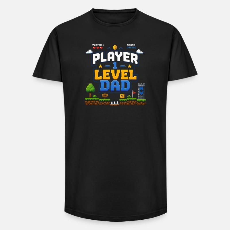 Pixellevel Vater: Retro Spielwelt - Long Fit Männer T-Shirt - Schwarz