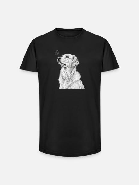 Golden Retriever Illustration with Butterfly - Long Fit Men's T-Shirt - black