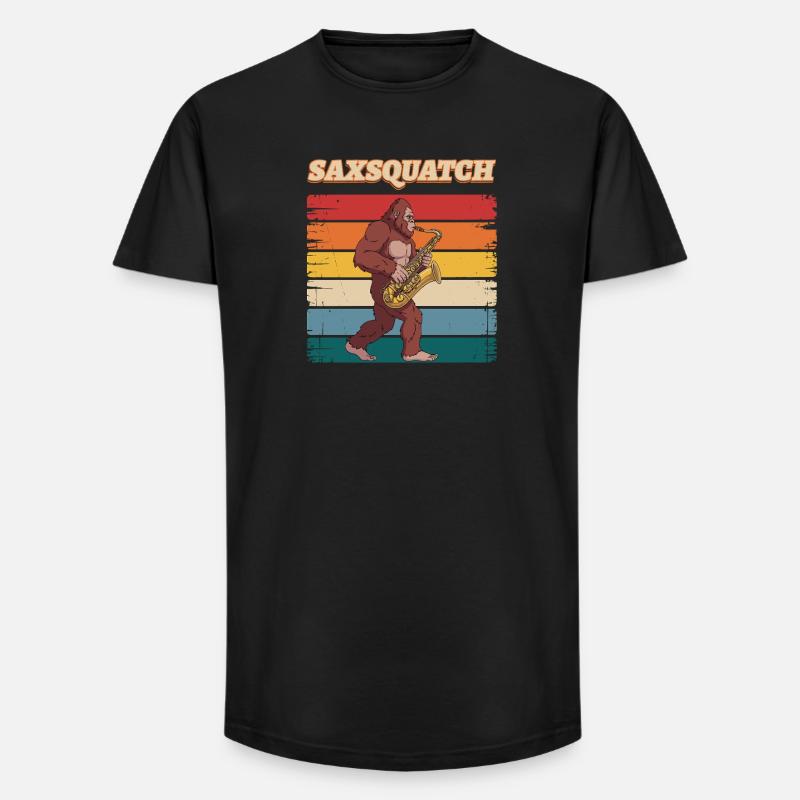 Sax Squatch auf Retro-Streifen - Long Fit Männer T-Shirt - Schwarz