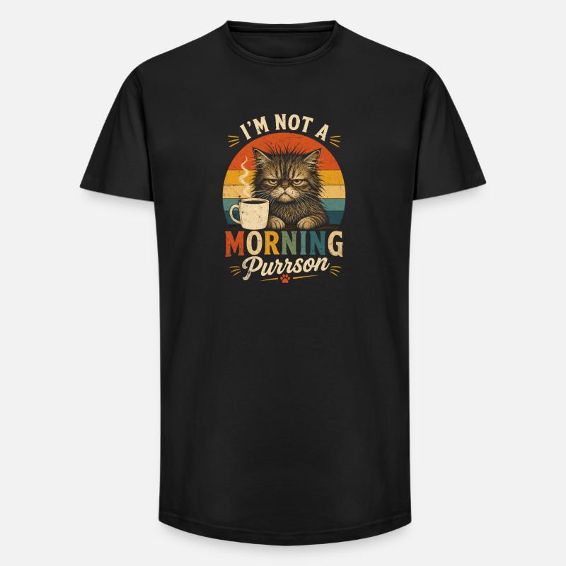 Morgenmuffel Katze mit Kaffee - Long Fit Männer T-Shirt - Schwarz